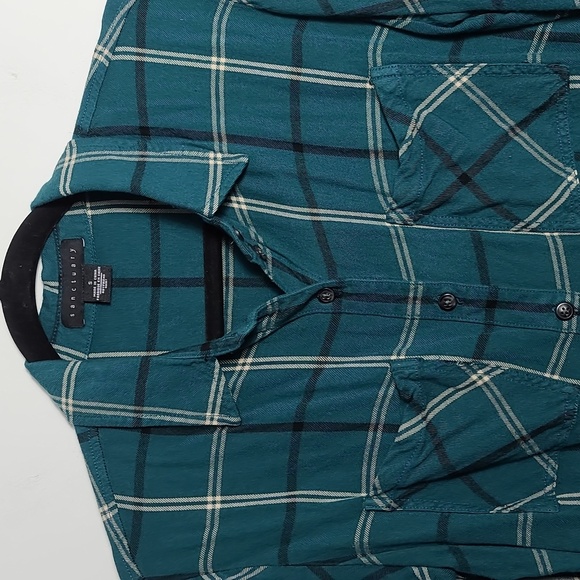SANCTUARY Women's Plaid Teal Button Up Front Pockets Boyfriend Shirt Size Small - Picture 6 of 16